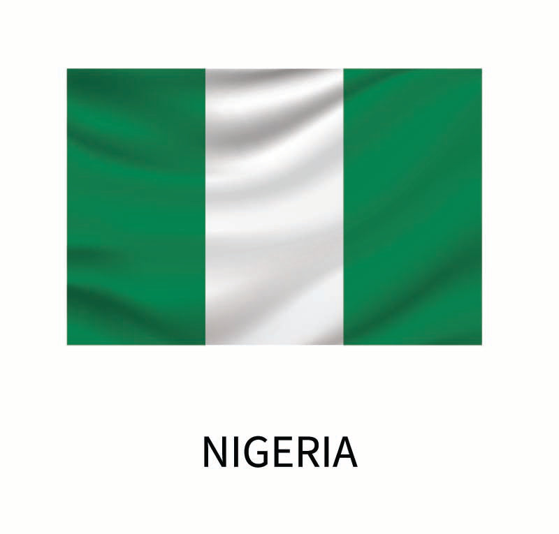 Flag of Nigeria featuring vertical green and white stripes with the country name "Nigeria" below, available as a Cover-Alls Flags of the World Decal.