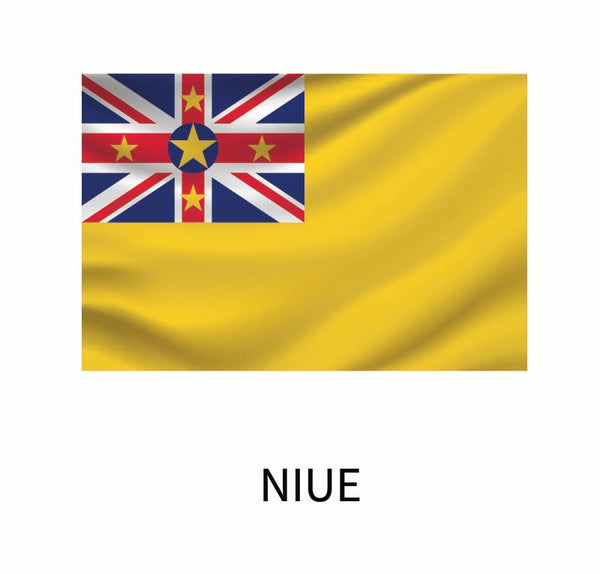 Flag of Niue featuring a yellow field with the Union Jack in the upper left corner and a yellow star within a blue disc in the center, available as a "Cover-Alls" decal