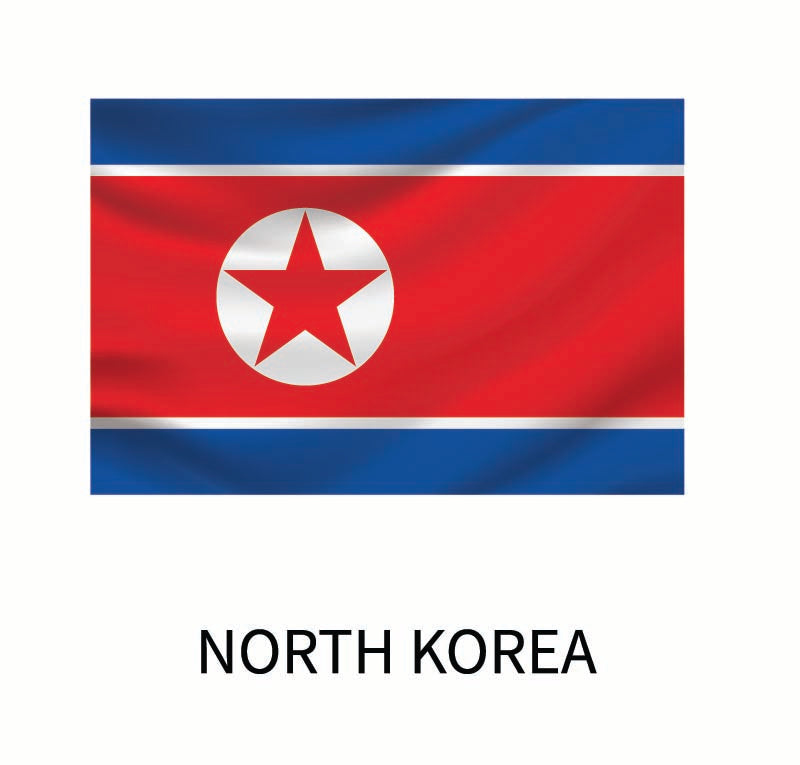 Flag of North Korea featuring horizontal blue and red bands with a white circle and red star in the center, labeled "North Korea" below, perfect as a Cover-Alls Flags of the World decal.