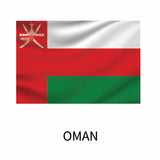Flag of Oman featuring horizontal stripes of white, red, and green, and a red vertical stripe with a national emblem at the hoist is available as a Cover-Alls Flags of the World Decal.