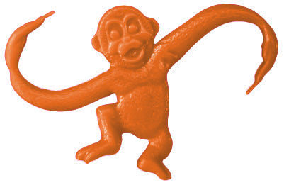 An orange plastic monkey with raised, curved arms—just like the classic game piece—inspires playful Barrel of Monkeys Decals by Cover-Alls Decals, perfect for fans or sticker lovers.