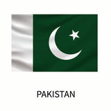 Pakistan Flag featuring a white crescent moon and star on a dark green background with the word 