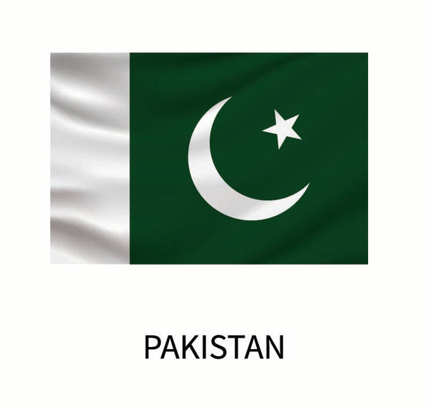 Pakistan Flag featuring a white crescent moon and star on a dark green background with the word "Pakistan" below, available as one of the Cover-Alls Flags of the World Decals.