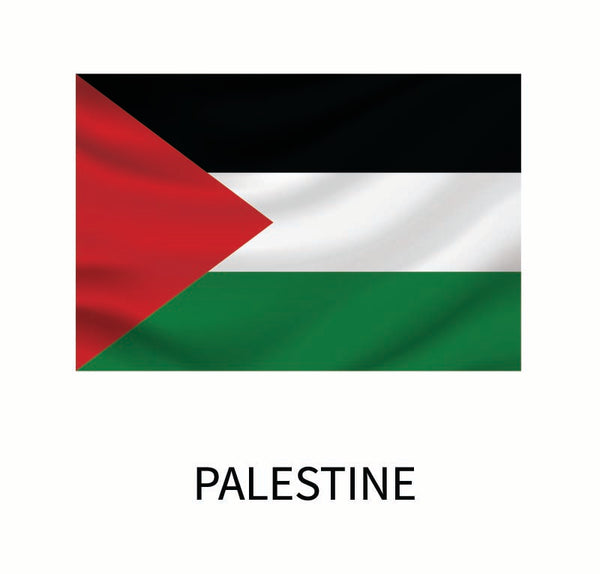 Cover-Alls Flags of the World Decals featuring the Flag of Palestine with three horizontal stripes in black, white, and green, with a red triangle on the left side. The word "Palestine" is written below as part of the custom size.