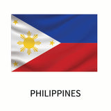 Flag of the Philippines featuring blue, red, and white panels with a yellow sun and stars, and the word 