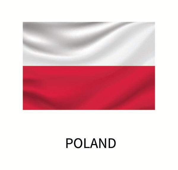 The national flag of Poland, featuring two horizontal bands, white on the top and red on the bottom, with the word "Poland" below, is available as a Cover-Alls Flags of the World Decal.