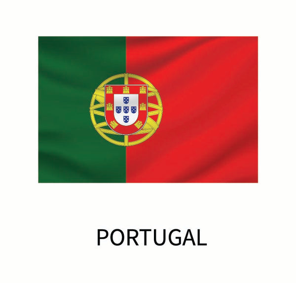 Cover-Alls Flags of the World Decals featuring a green and red background divided vertically, with the national coat of arms centered on the boundary. The word "Portugal" is below as part of this custom size decal.