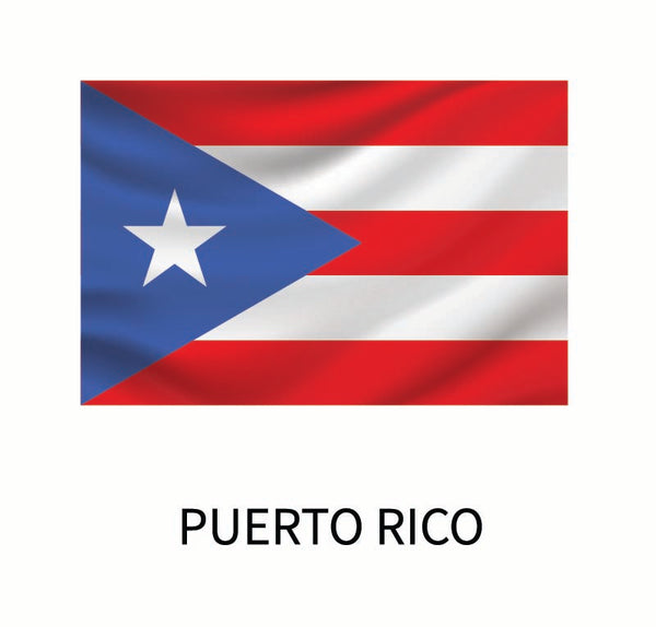 Flags of the World Decals by Cover-Alls depicted with a red and white striped background and a blue triangle with a white star, labeled "Puerto Rico" below. This custom size decal represents the island beautifully.