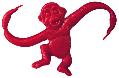 A red plastic toy monkey with outstretched arms, inspired by the classic game, perfect for decorating with Cover-Alls Decals' Barrel of Monkeys Decals.