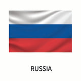 Illustration of a draped Russian flag from the Cover-Alls Flags of the World Decals collection, featuring white, blue, and red horizontal stripes, with the word 
