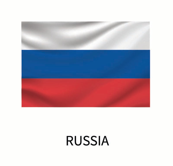 Illustration of a draped Russian flag from the Cover-Alls Flags of the World Decals collection, featuring white, blue, and red horizontal stripes, with the word "Russia" displayed below.