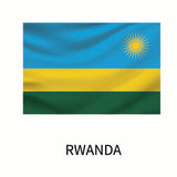 Flag of Rwanda featuring three horizontal stripes in blue, yellow, and green with a yellow sun in the upper right corner, and the name 
