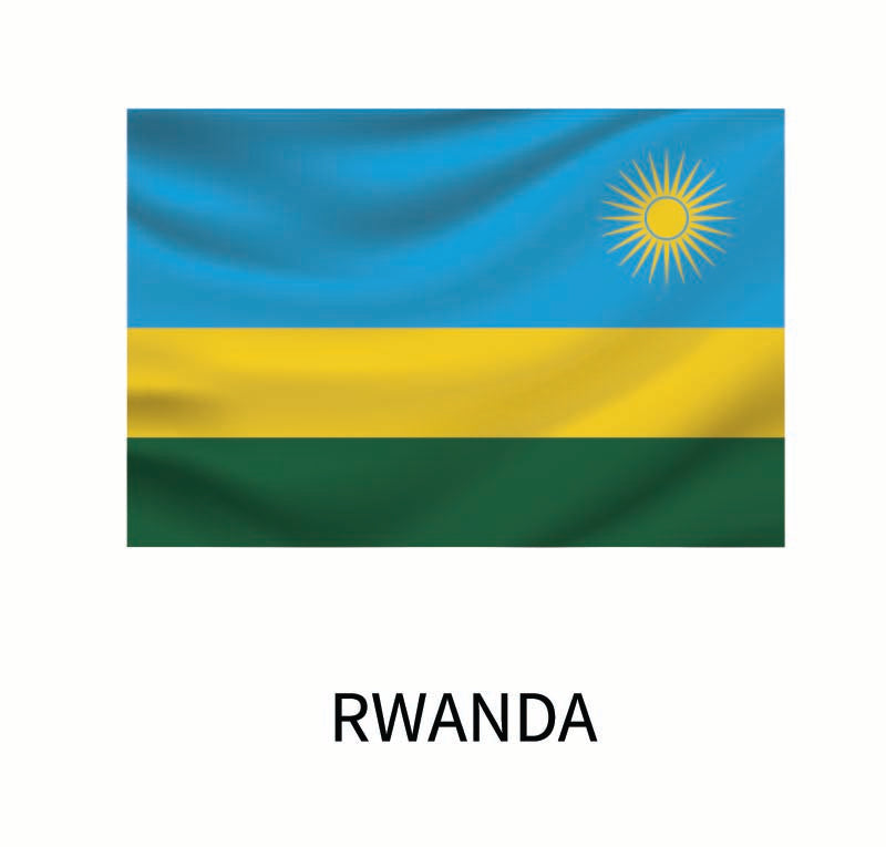 Flag of Rwanda featuring three horizontal stripes in blue, yellow, and green with a yellow sun in the upper right corner, and the name "Rwanda" below it as a Cover-Alls Flags of the World Decals.