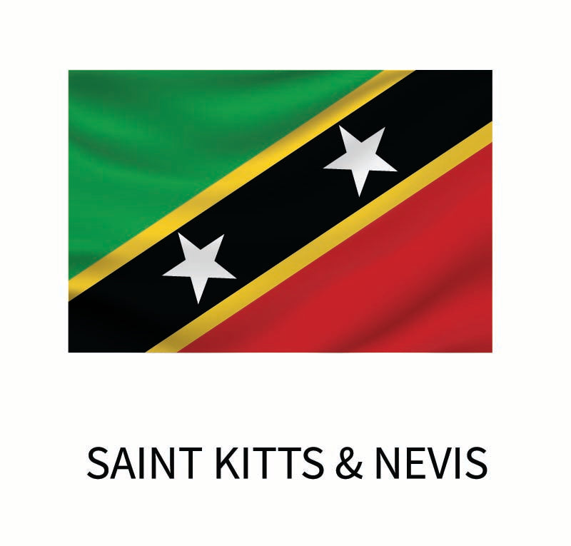 Cover-Alls Flags of the World decals of Saint Kitts and Nevis, featuring a black diagonal band, bordered by yellow, with a star on each green and red triangle.