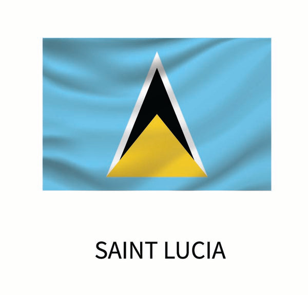 Flag of Saint Lucia featuring a light blue field with a black triangle edged in white, centered over a yellow triangle, with the name "Saint Lucia" below, designed as a Cover-Alls Flags of the World Decal.