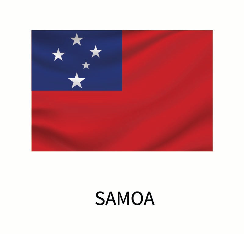 Flag of Samoa with a blue rectangle in the upper left corner featuring five white stars, set on a red field, and the word "Samoa" below on a Cover-Alls Flags of the World Decals.