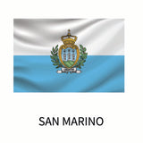 Flag of San Marino featuring a white and blue horizontal bicolor with the national coat of arms in the center, accompanied by Cover-Alls decals text below.