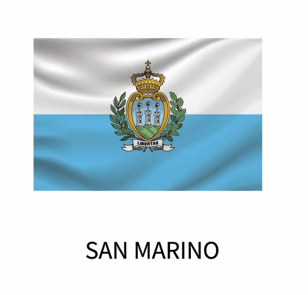 Flag of San Marino featuring a white and blue horizontal bicolor with the national coat of arms in the center, accompanied by Cover-Alls decals text below.