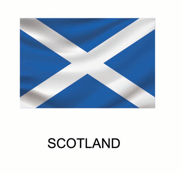 A rectangular Cover-Alls Flags of the World decal representing Scotland, featuring a white diagonal cross on a blue background, with the word "Scotland" below it.