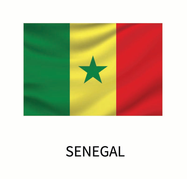 Flag of Senegal with vertical bands of green, yellow with a green star, and red, featuring the word "Senegal" below and Cover-Alls Flags of the World decals.