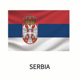 Flag of Serbia with a centered national coat of arms featuring a double-headed eagle and a crown, displayed above the country name 
