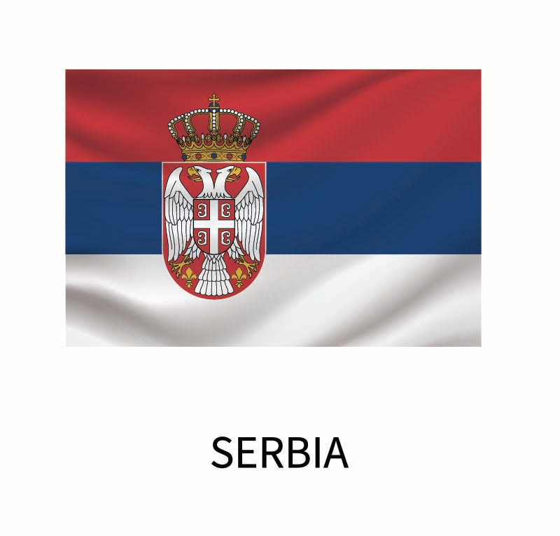 Flag of Serbia with a centered national coat of arms featuring a double-headed eagle and a crown, displayed above the country name "Serbia" on a Cover-Alls Flags of the World Decals.