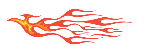 Illustration of a stylized phoenix depicted in shades of red and orange, with flame-like wings and tail, evoking the retro hotrod look. The scene is brought to life by Cover-Alls' Endless Hotrod Flame Decal Kit.