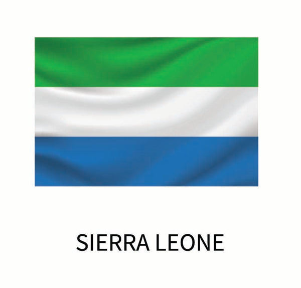 Flag of Sierra Leone consisting of horizontal stripes in green, white, and blue, with the country's name below as a Cover-Alls Flags of the World Decals.