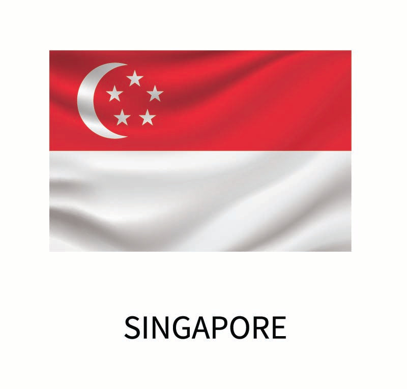 Flag of Singapore with a red top half, white bottom half, a white crescent moon, and five stars, along with the addition of Cover-Alls Flags of the World Decals below.