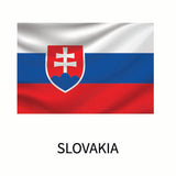 A waving flag of Slovakia featuring three horizontal bands of white, blue, and red, with a national coat of arms in the center. The word 