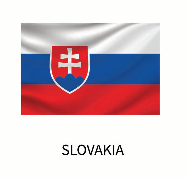 A waving flag of Slovakia featuring three horizontal bands of white, blue, and red, with a national coat of arms in the center. The word "Slovakia" is below on a Cover-Alls Flags of the World Decals.