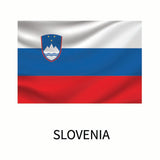 Flag of Slovenia featuring white, blue, and red horizontal stripes with a coat of arms on the upper hoist side, above the name 