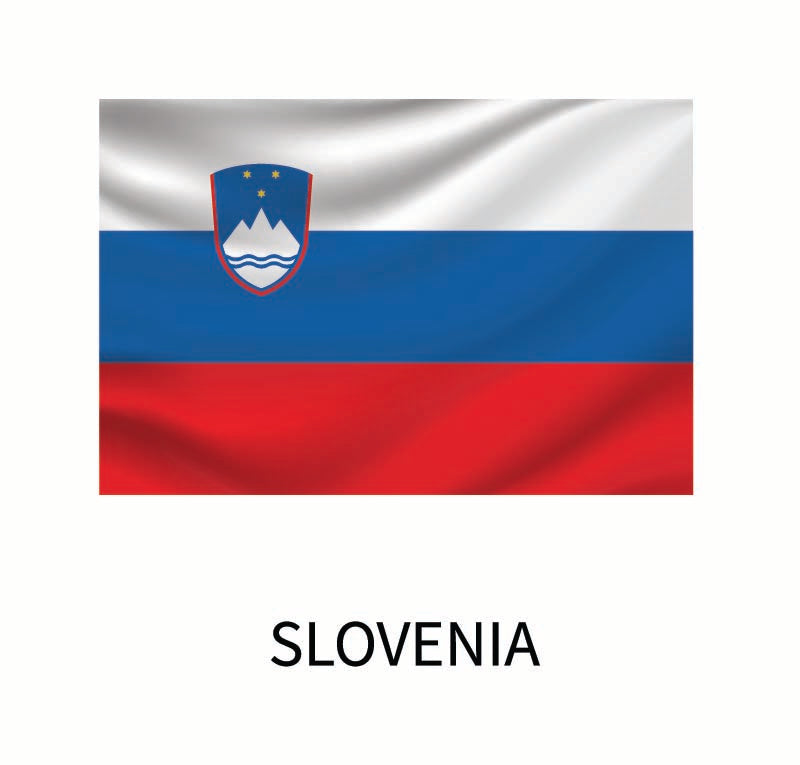 Flag of Slovenia featuring white, blue, and red horizontal stripes with a coat of arms on the upper hoist side, above the name "Slovenia" and available as a Cover-Alls Flags of the World Decals.