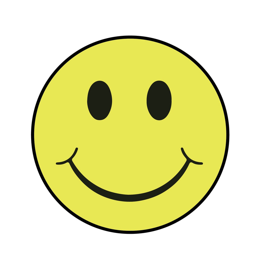 A classic Smiley Face Decal by Cover-Alls features a cheerful smiley with black eyes and a wide black grin on a crisp white background.