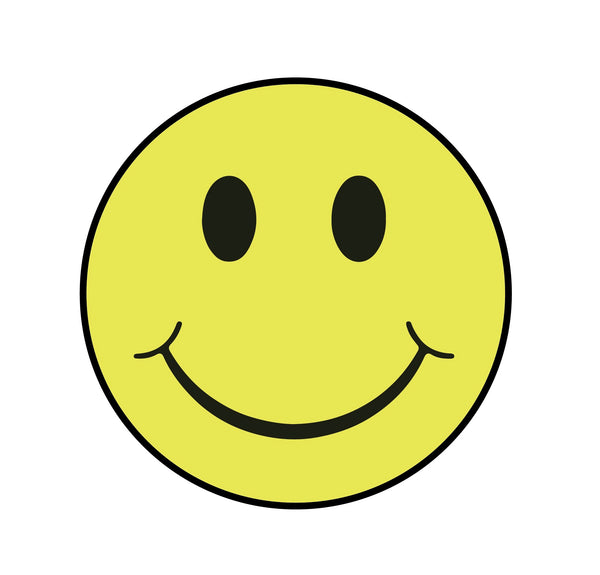 A classic Smiley Face Decal by Cover-Alls features a cheerful smiley with black eyes and a wide black grin on a crisp white background.