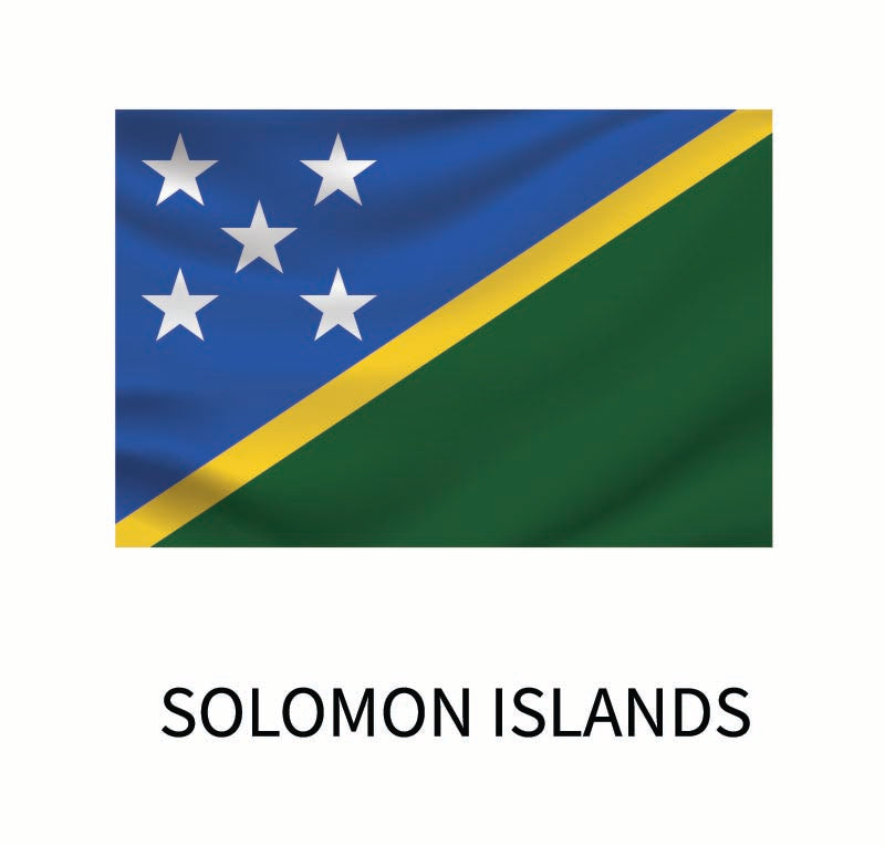 Flag of the Solomon Islands with a blue triangle, white stars, and yellow and green diagonals. The name "Solomon Islands" is displayed below on a Cover-Alls Flags of the World Decal.
