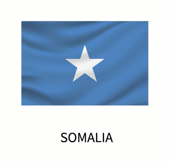 Cover-Alls Flags of the World Decals featuring a single white star on a light blue background, displayed with the country name "Somalia" below it as a custom size decal.