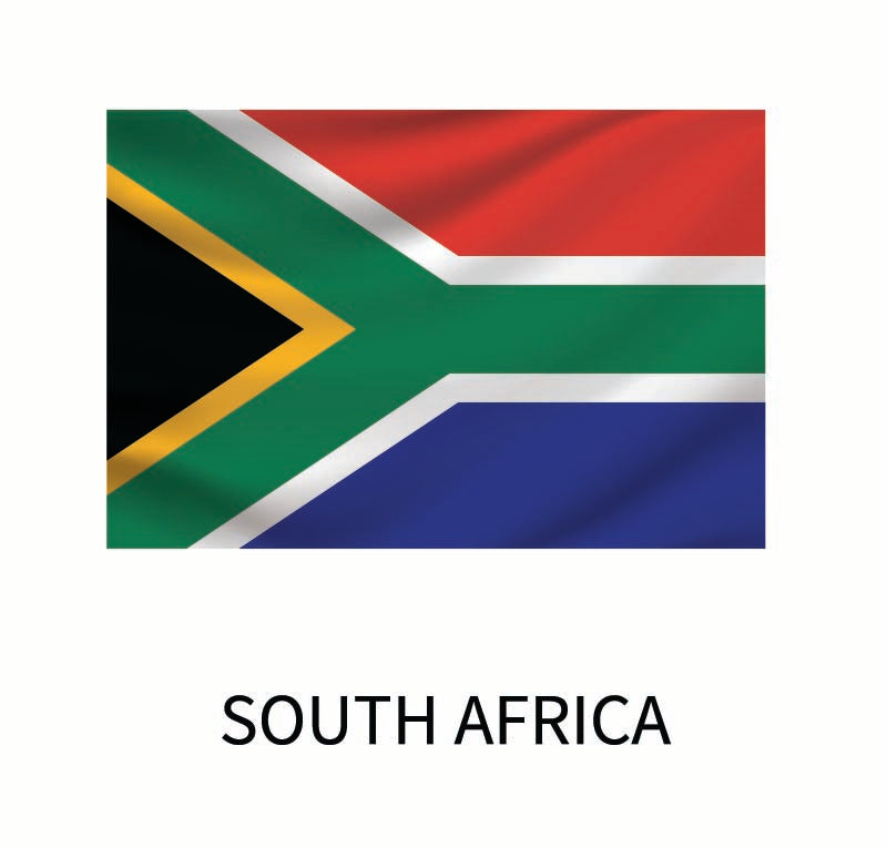 The Flags of the World Decals from Cover-Alls displayed vividly above the country's name "South Africa" on a custom size decal.