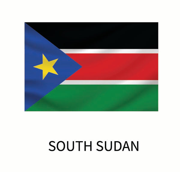 Flag of South Sudan with a blue triangle featuring a yellow star, and horizontal stripes in black, white, red, and green; this Cover-Alls Flags of the World Decals includes the "South Sudan" text below.