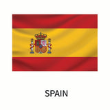 Flag of Spain featuring horizontal red and yellow bands with the country's coat of arms centered in the yellow band, captioned 