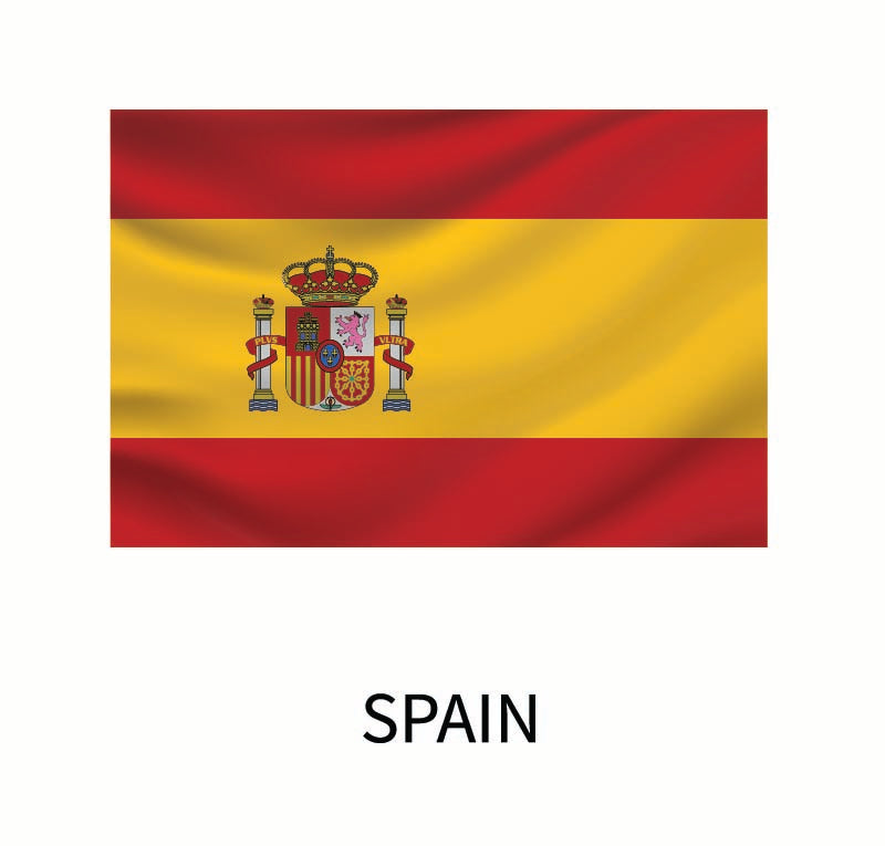 Flag of Spain featuring horizontal red and yellow bands with the country's coat of arms centered in the yellow band, captioned "Spain" below as a Cover-Alls Flags of the World Decals.