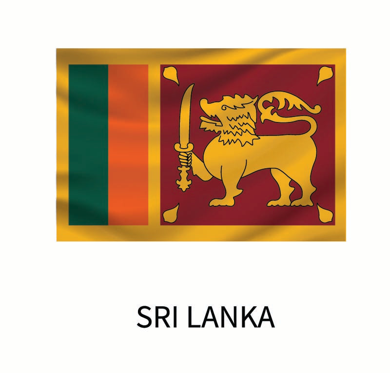 Illustration of the national flag of Sri Lanka, featuring a golden lion holding a sword on a maroon background, with green and saffron vertical stripes on the left. Available as Cover-Alls Flags of the World Decals.