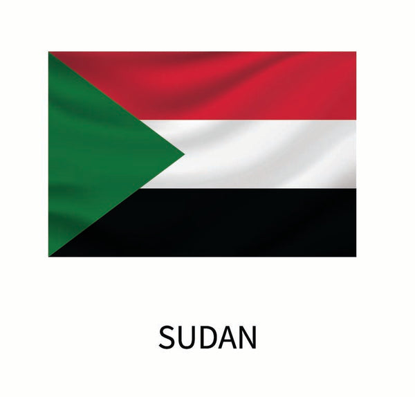 The national flag of Sudan, featuring horizontal stripes of red, white, and black with a green triangle on the left side, labeled "Sudan" below as a Cover-Alls Flags of the World Decals.
