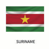 Flag of Suriname: Horizontal bands of green at the top and bottom, a white middle band framed by narrow red bands, with a large yellow star in the center. Below, the text 