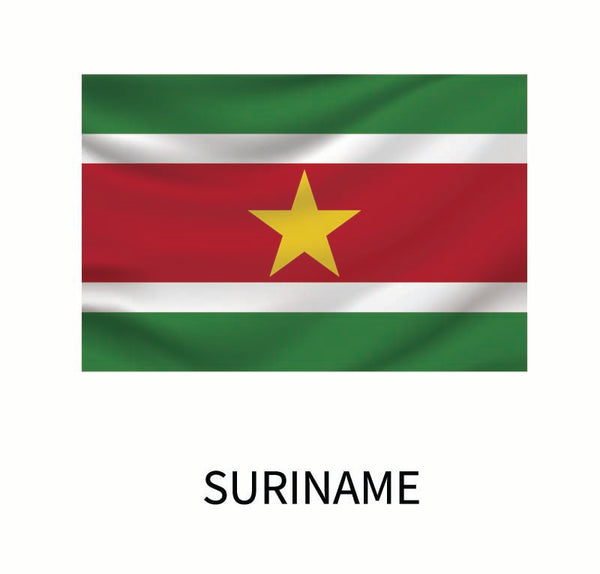 Flag of Suriname: Horizontal bands of green at the top and bottom, a white middle band framed by narrow red bands, with a large yellow star in the center. Below, the text "Sur
Cover-Alls Flags of the World Decals