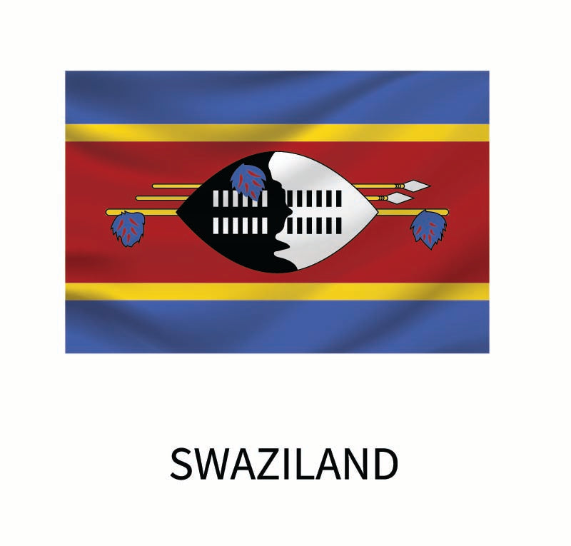 Flag of Swaziland featuring horizontal blue, yellow, and red stripes with a black and white shield, spears, and a staff in the center, available as a Cover-Alls decal.