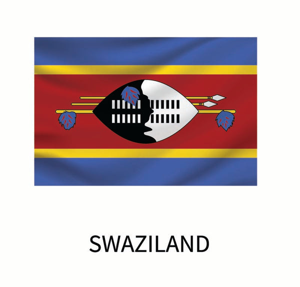 Flag of Swaziland featuring horizontal blue, yellow, and red stripes with a black and white shield, spears, and a staff in the center, available as a Cover-Alls decal.