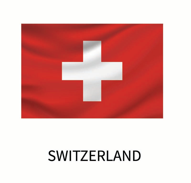 Flag of Switzerland featuring a white cross on a red background, with the word "Switzerland" below it, available as a Cover-Alls Flags of the World Decals in custom sizes.