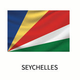 Flag of Seychelles with diagonal bands of blue, yellow, red, white, and green, displayed above the word 