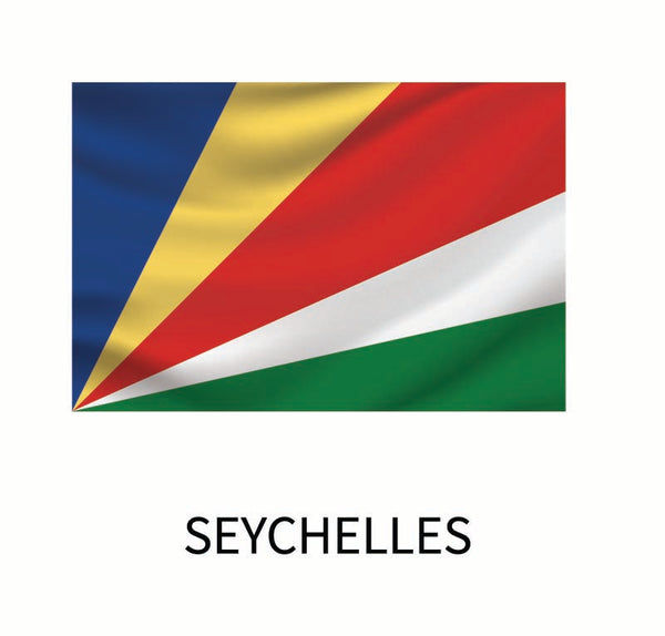 Flag of Seychelles with diagonal bands of blue, yellow, red, white, and green, displayed above the word "Seychelles" on a Cover-Alls Flags of the World Decals.
